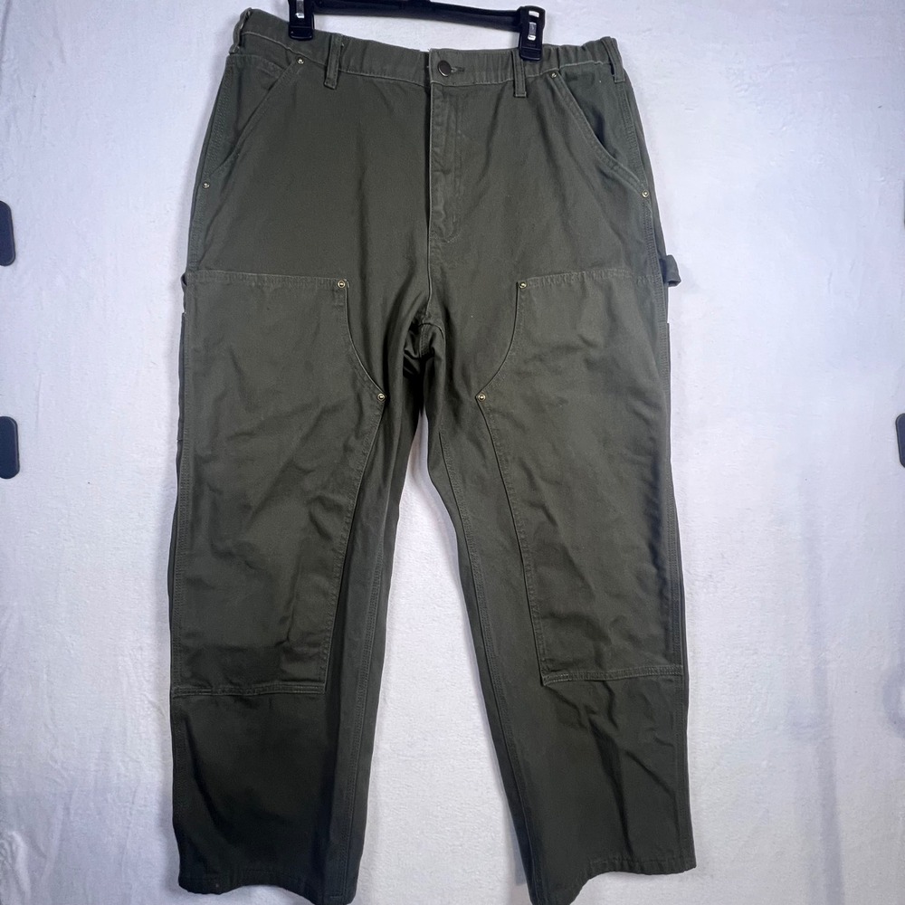 Olive Green Double Front Knee Carpenter Work Pants 36x30 Canvas Utility Trousers